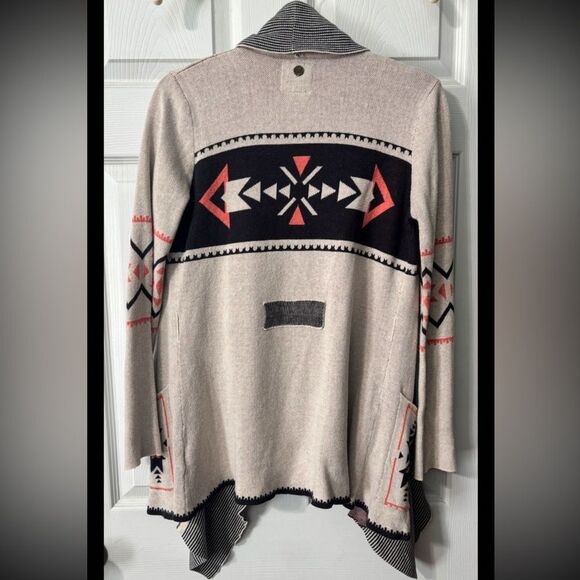 Billabong Boho Aztec Sz Small Open Front Draped Cardigan Sweater Logo Collared - Picture 2 of 10